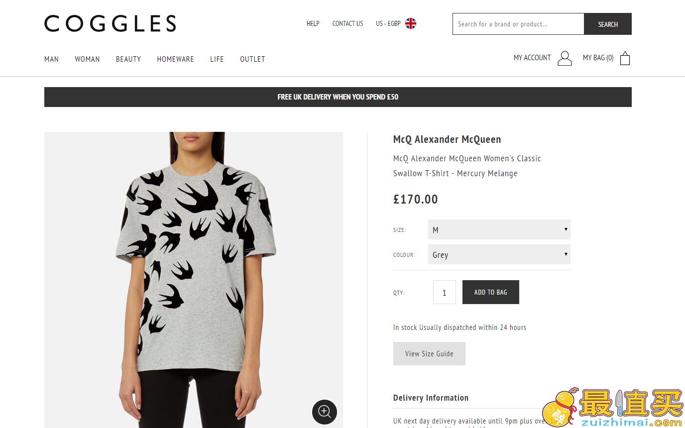 Coggles折扣码2018，Alexander McQueen Classic Swallow 女士T恤 热卖，原价￡170，现特价￡127.5（约1140元）